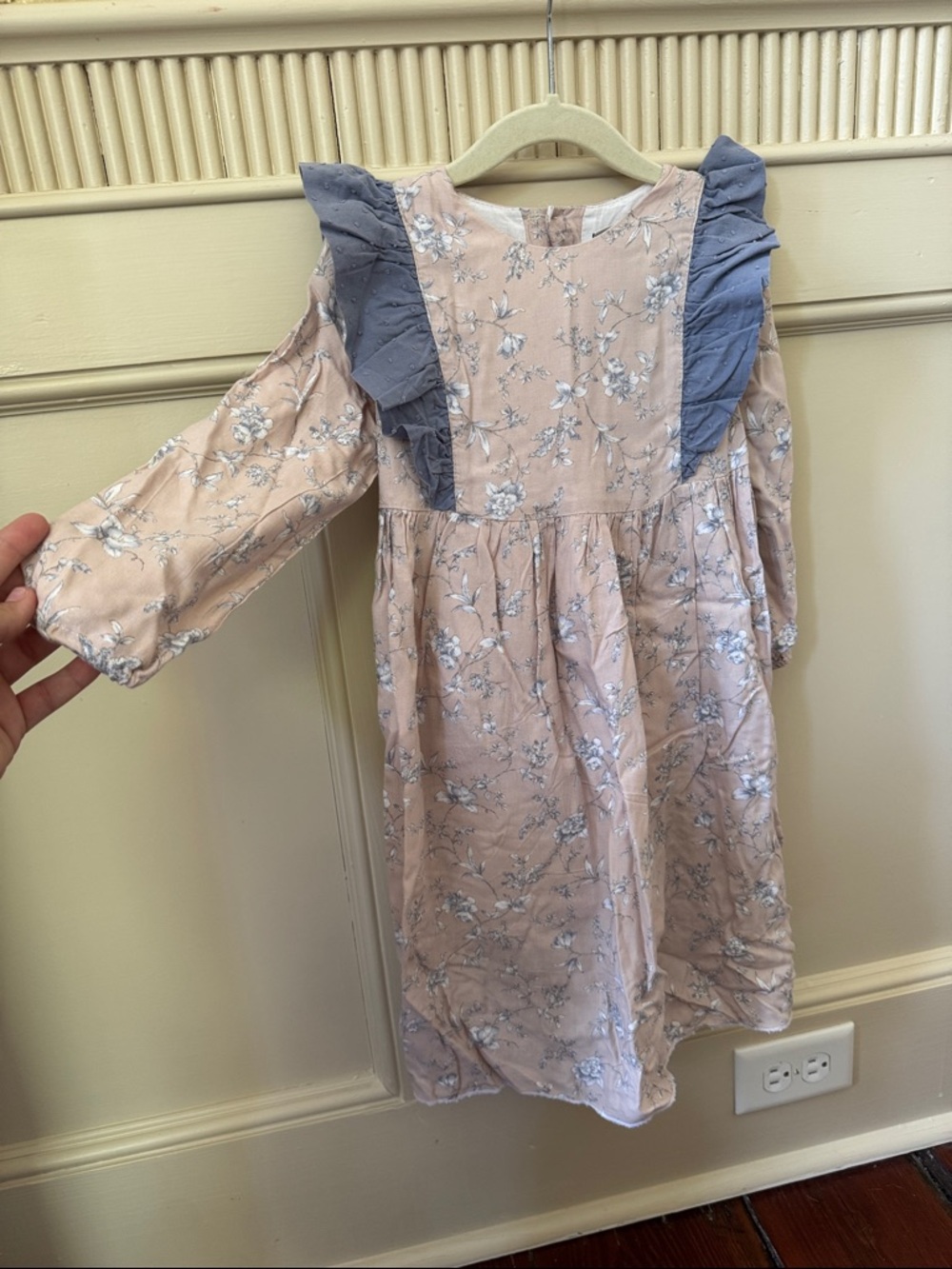 Girls Pink Floral Dress with Blue Ruffle Shoulders